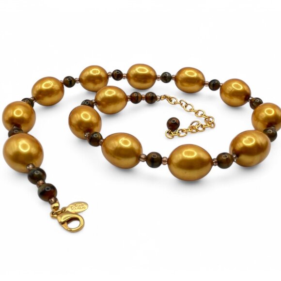 Vintage JOAN RIVERS Golden Egg Pearl Style Necklace with Tiger's Eye Beads - Picture 6 of 8